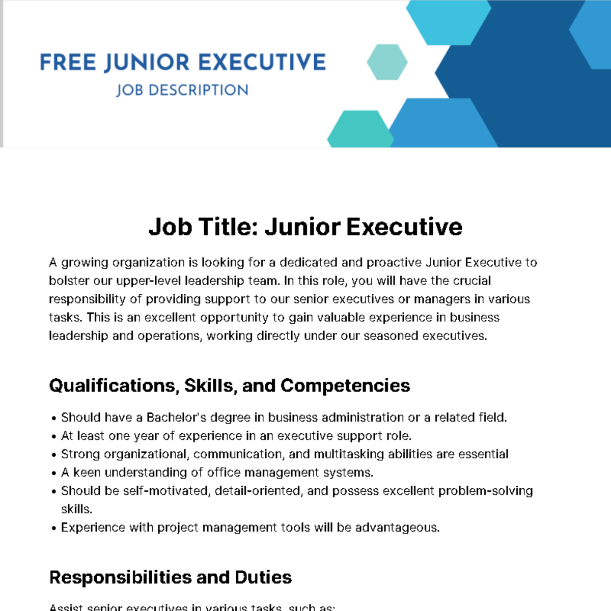 Junior Executive Job Description Template