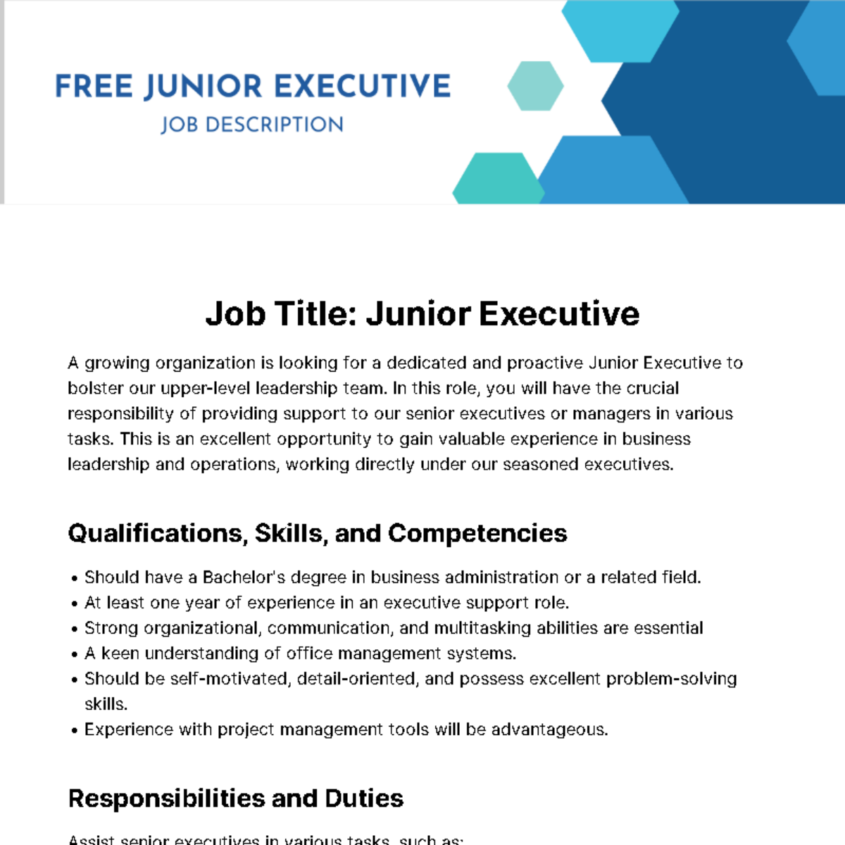 Junior Executive Job Description Template Edit Online Download 