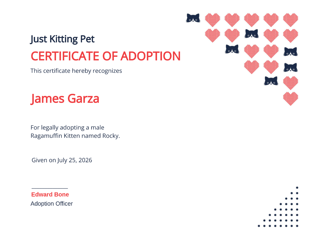 Kitten/Cat Adoption Certificate Template