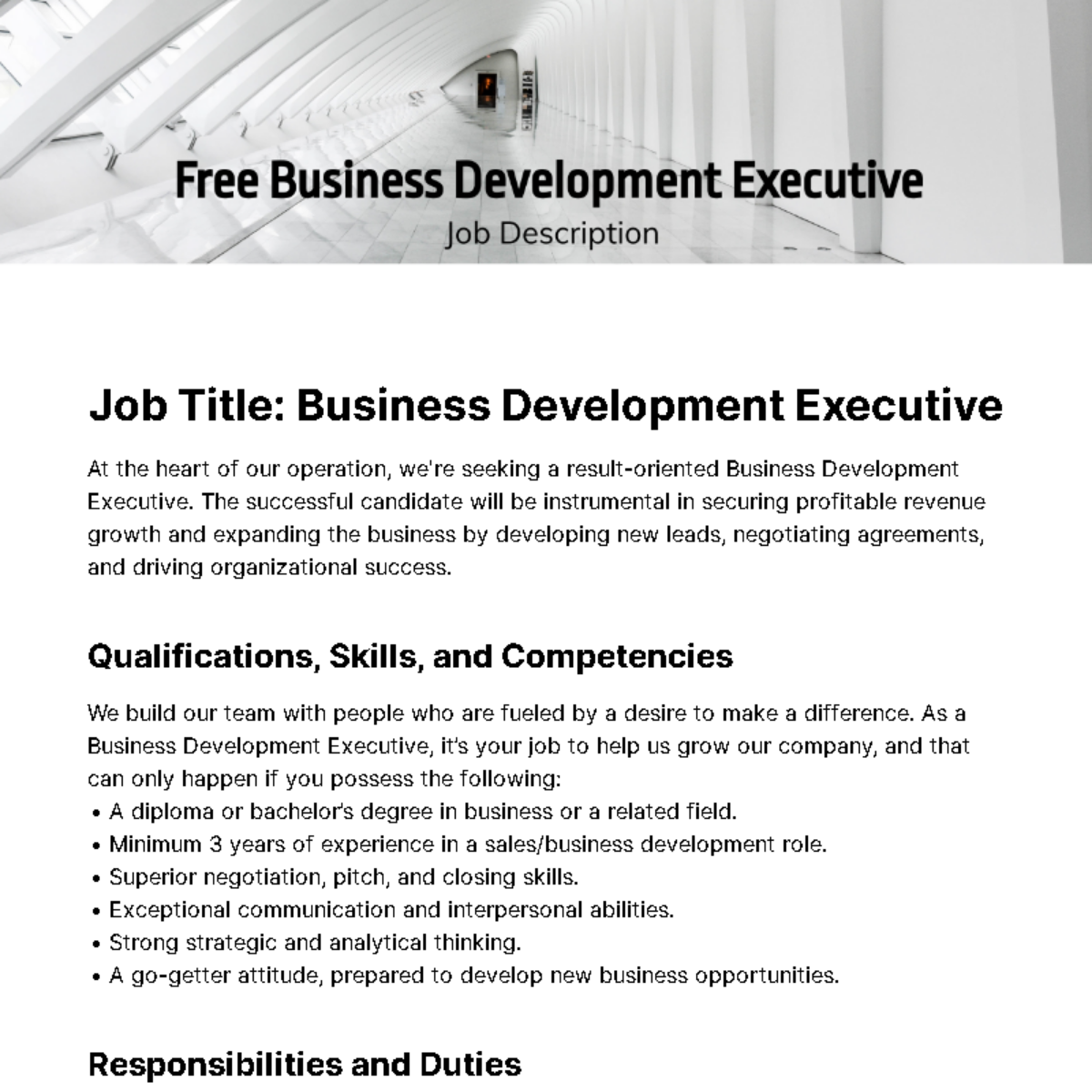 Free Business Development Executive Job description Template