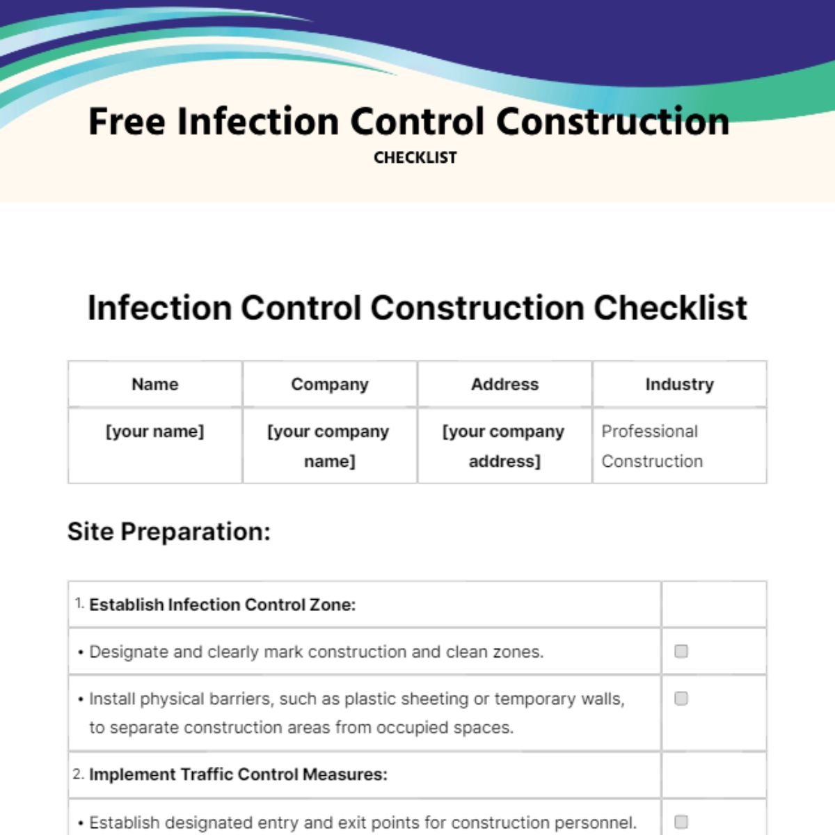 Infection Control Construction Checklist Template