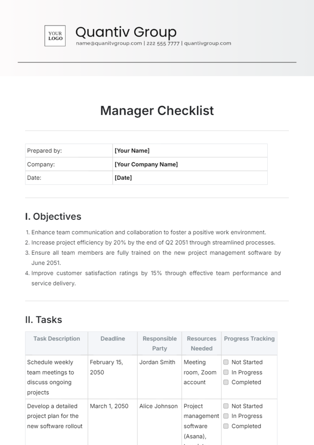 Manager Checklist Template