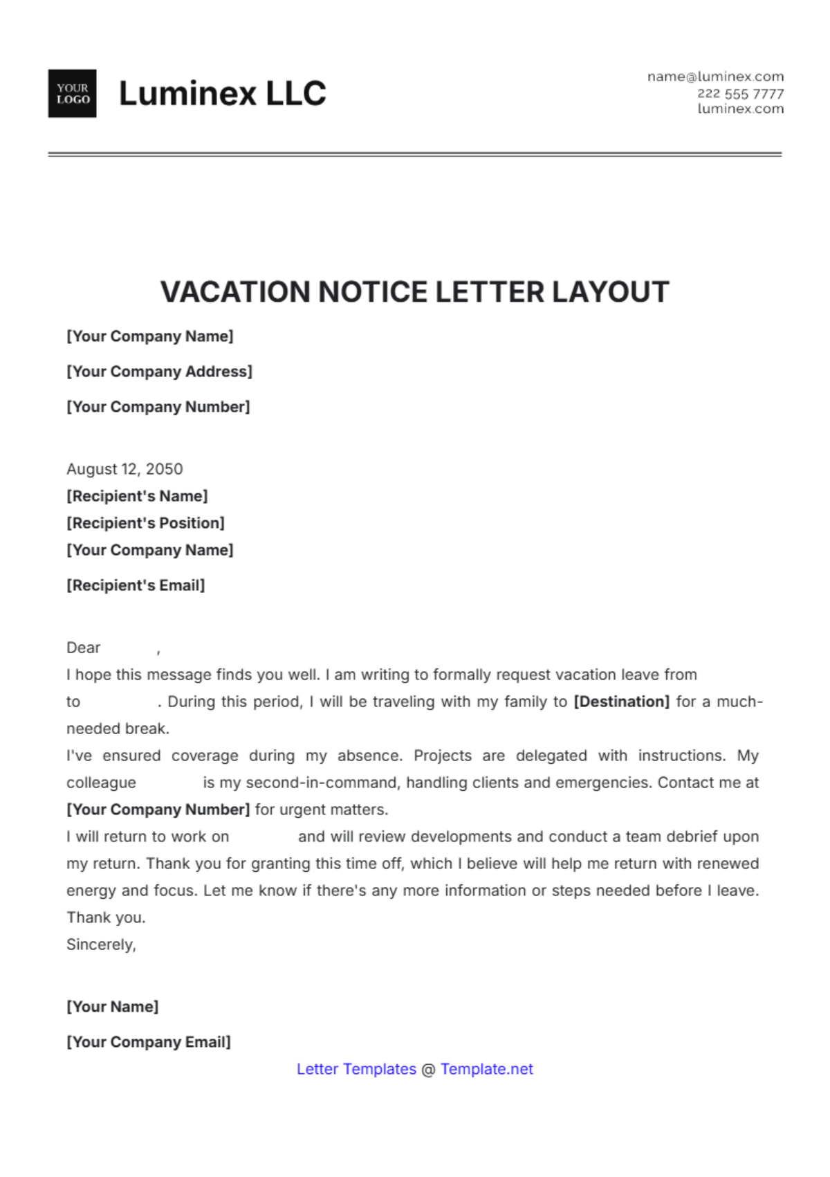 Vacation Notice Letter Layout Template