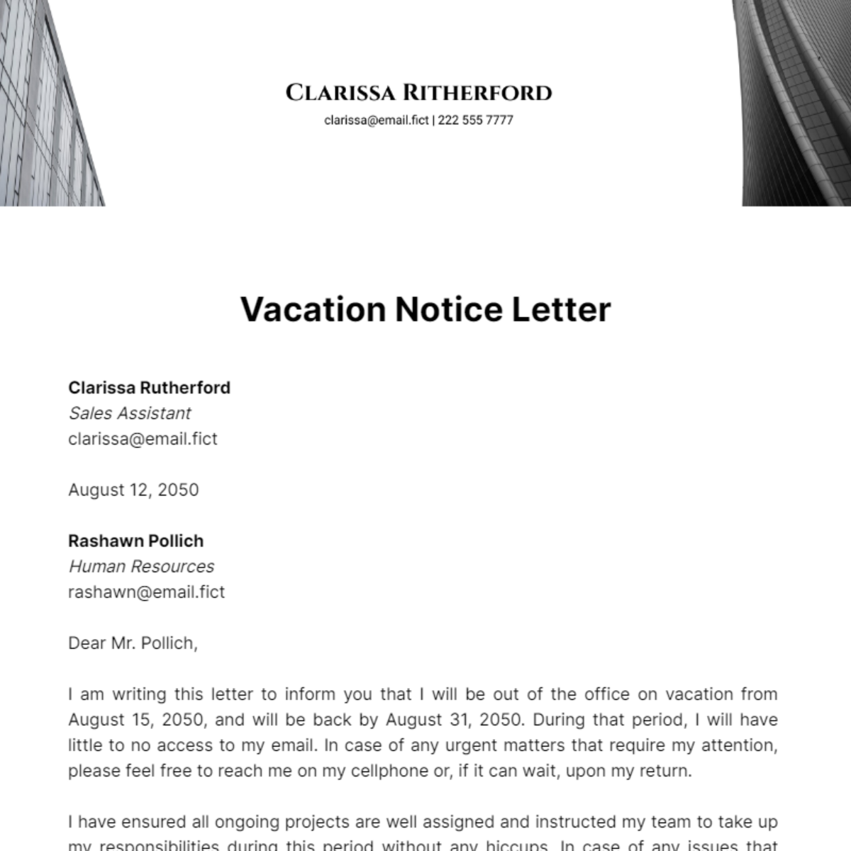 Vacation Notice Letter Template