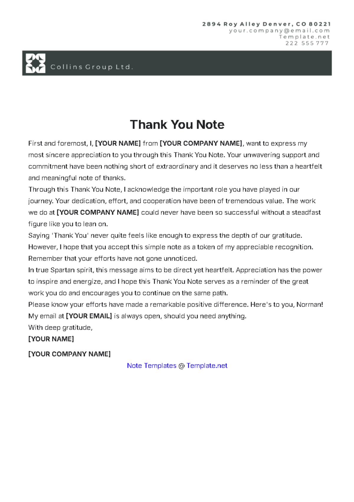 Thank You Note Template - Edit Online & Download