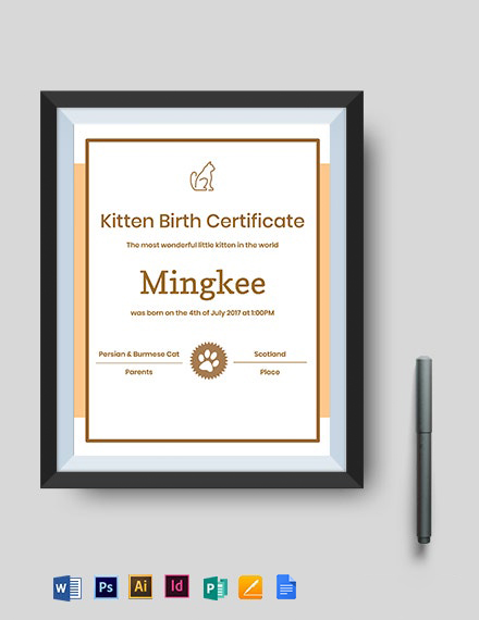 Free Kitten/Cat Certificate Template - Google Docs, Illustrator, InDesign, Word, Apple Pages, PSD, Publisher