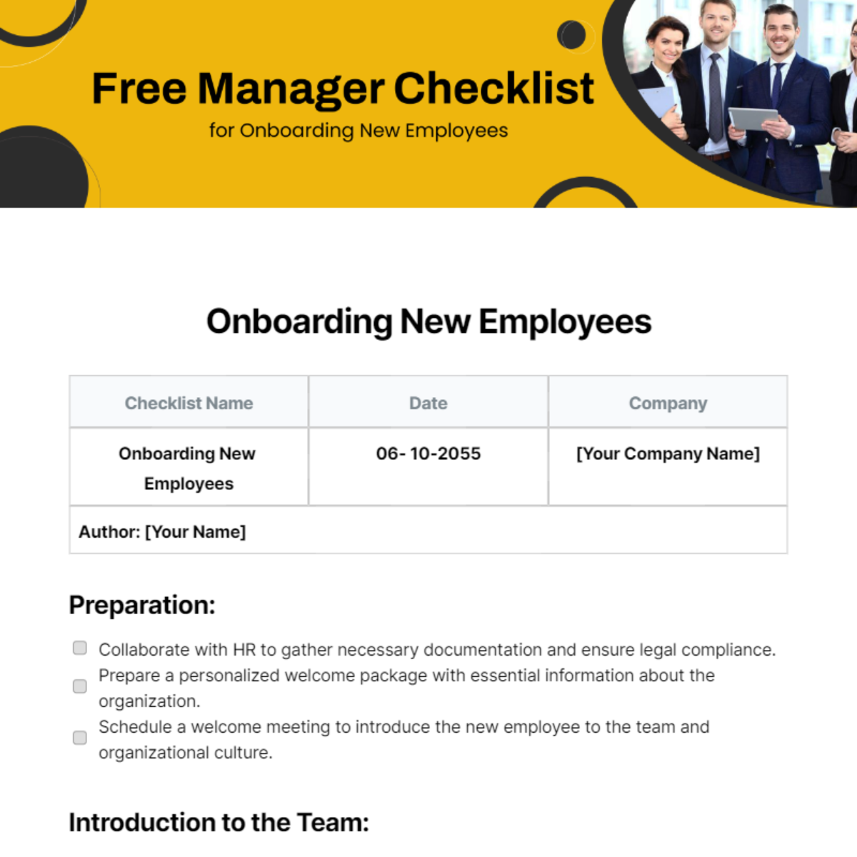 Manager Checklist for Onboarding New Employees Template