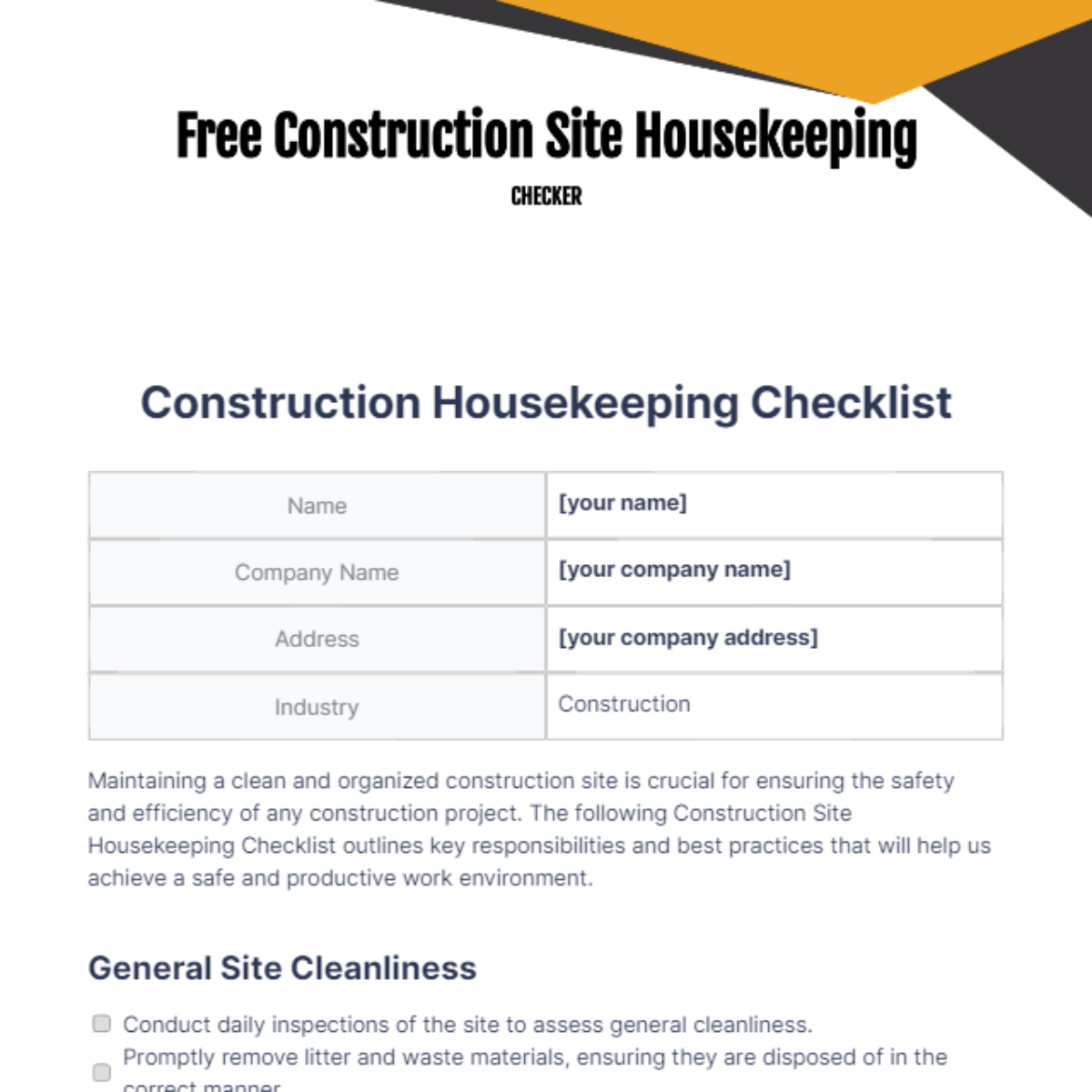 Construction Site Housekeeping Checklist Template