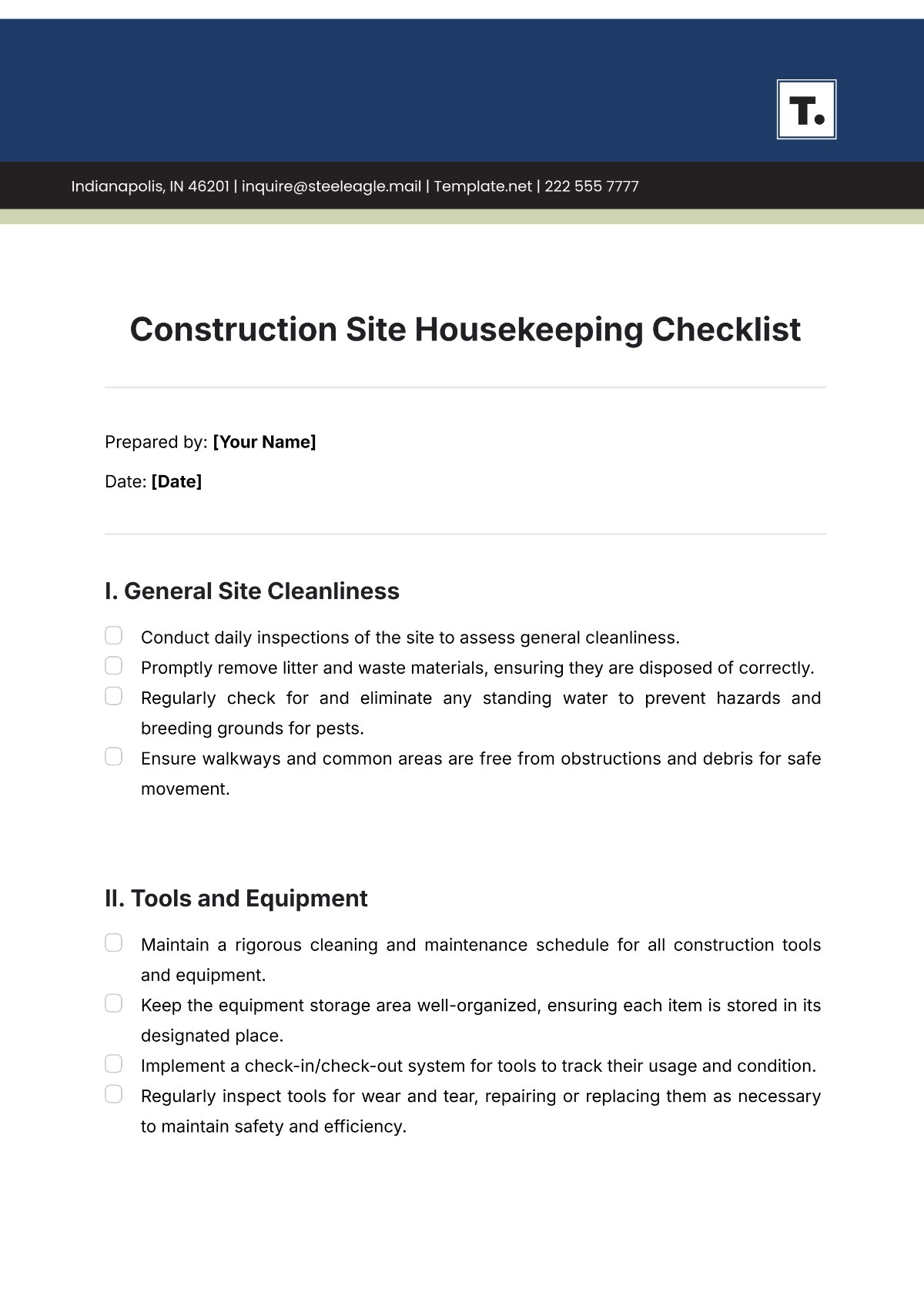 Construction Site Housekeeping Checklist Template - Edit Online & Download