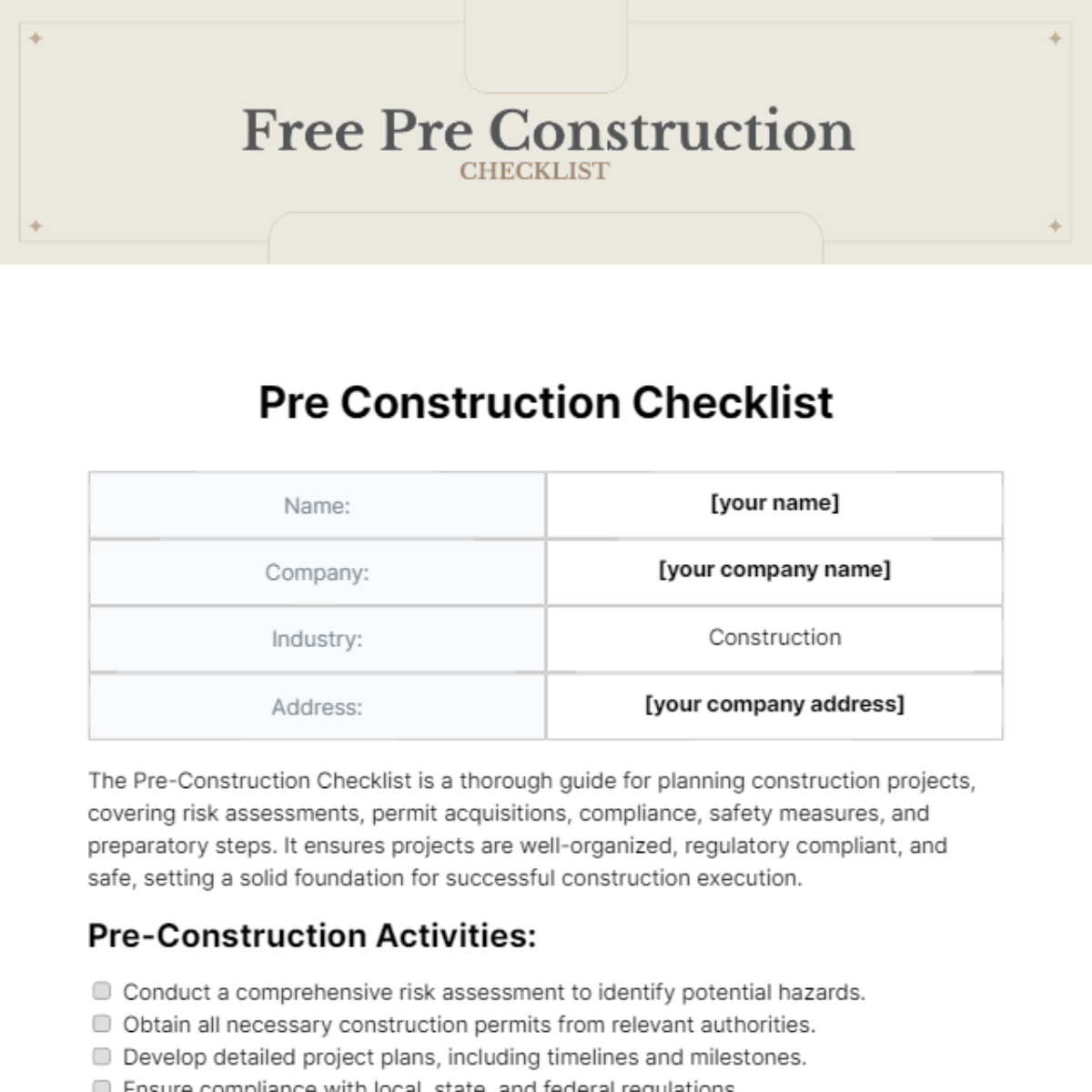 Pre Construction Checklist Template