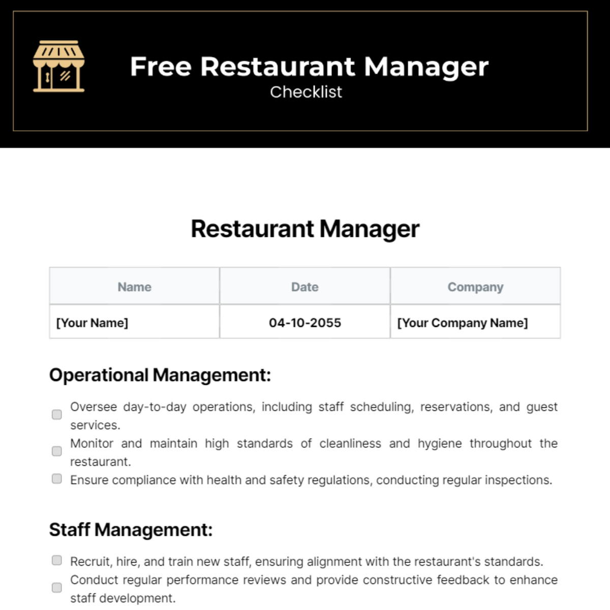 Restaurant Manager Checklist Template