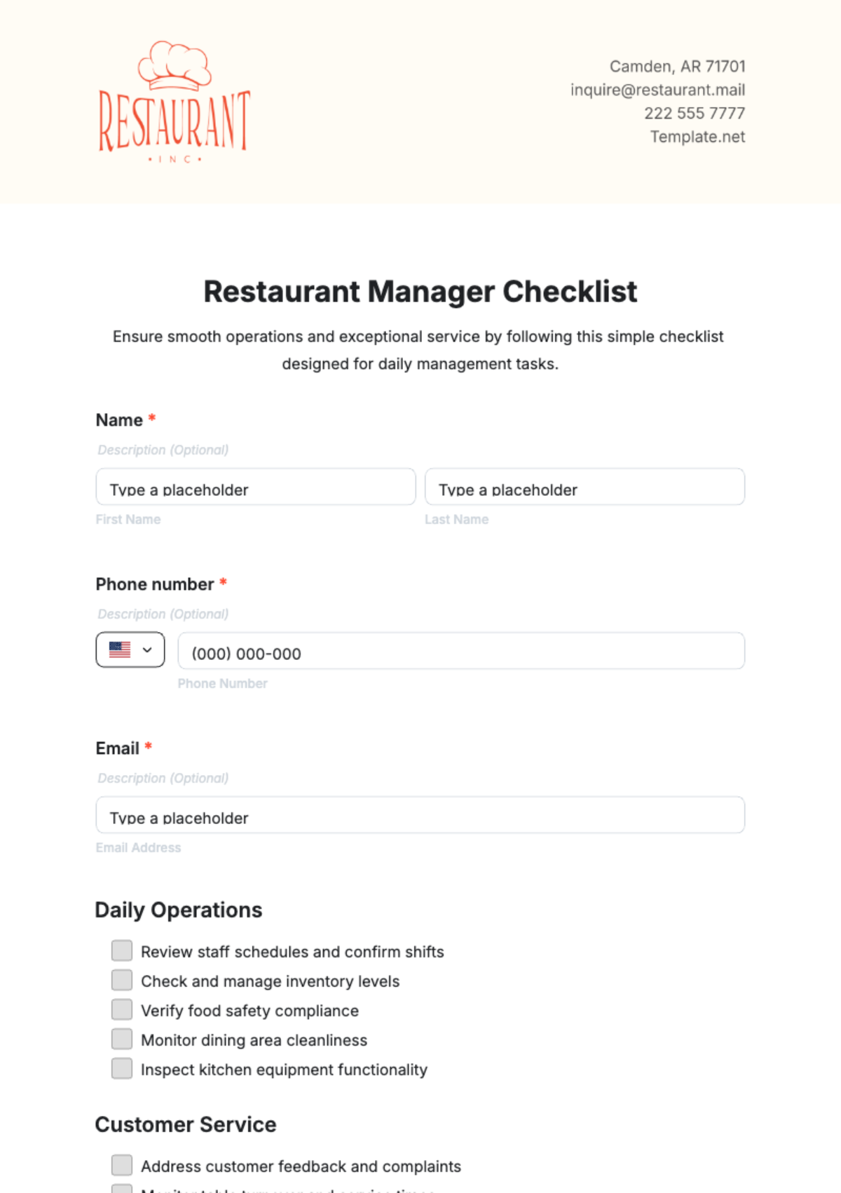 Restaurant Manager Checklist Template - Edit Online & Download