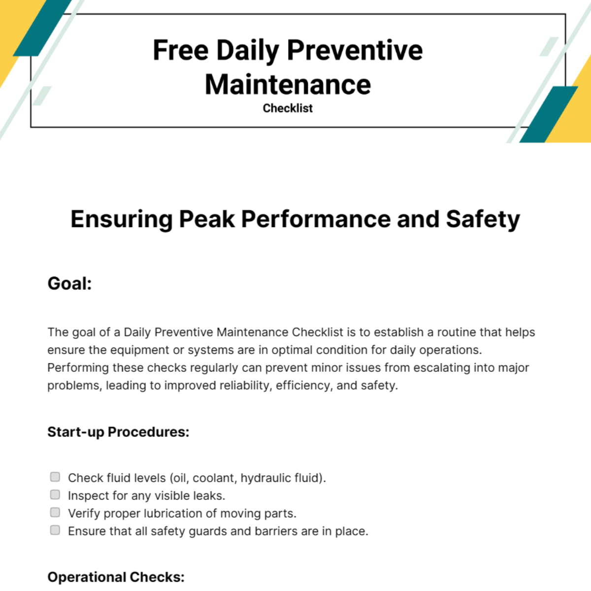 Free Daily Preventive Maintenance Checklist Template