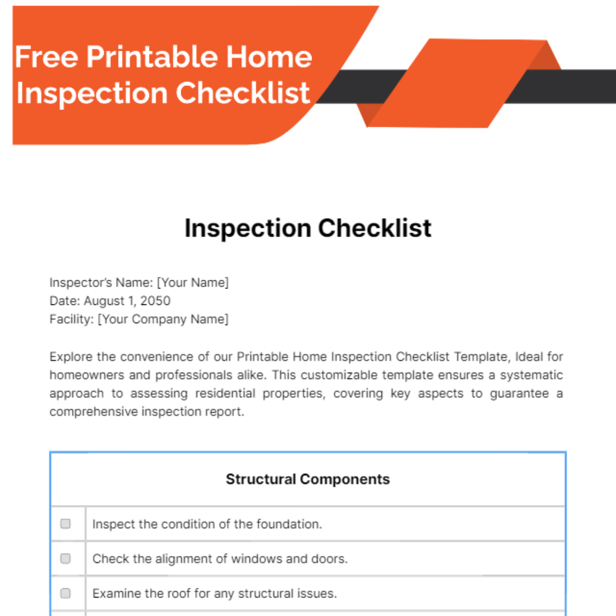 Free Printable Home Inspection Checklist Template
