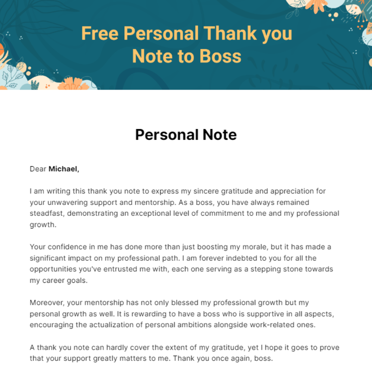 Personal Thank you Note to Boss Template