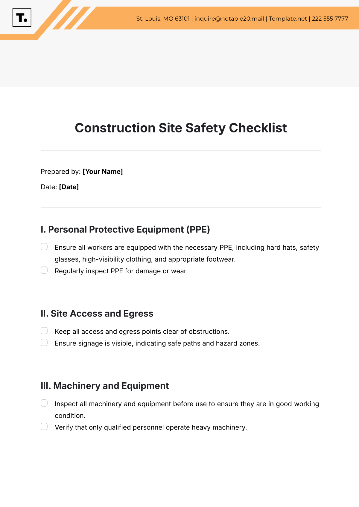 Construction Site Safety Checklist Template - Edit Online & Download