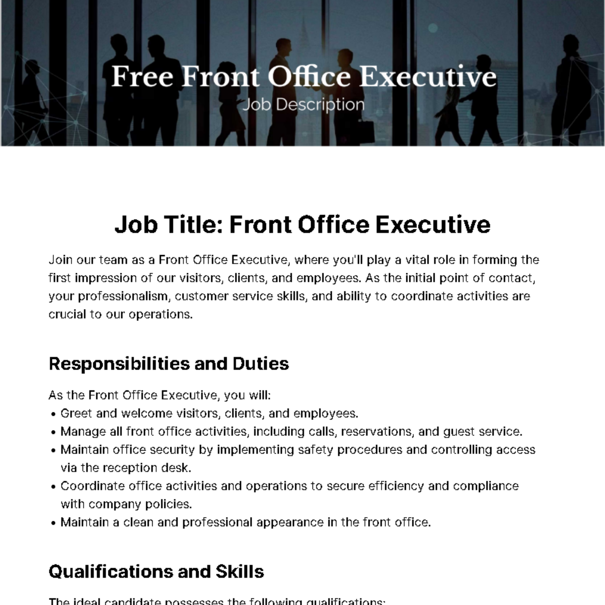 Free Front Office Executive Job Description Template