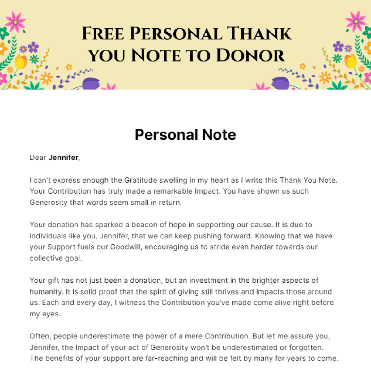 Free Personal Thank you Note to Donor Template