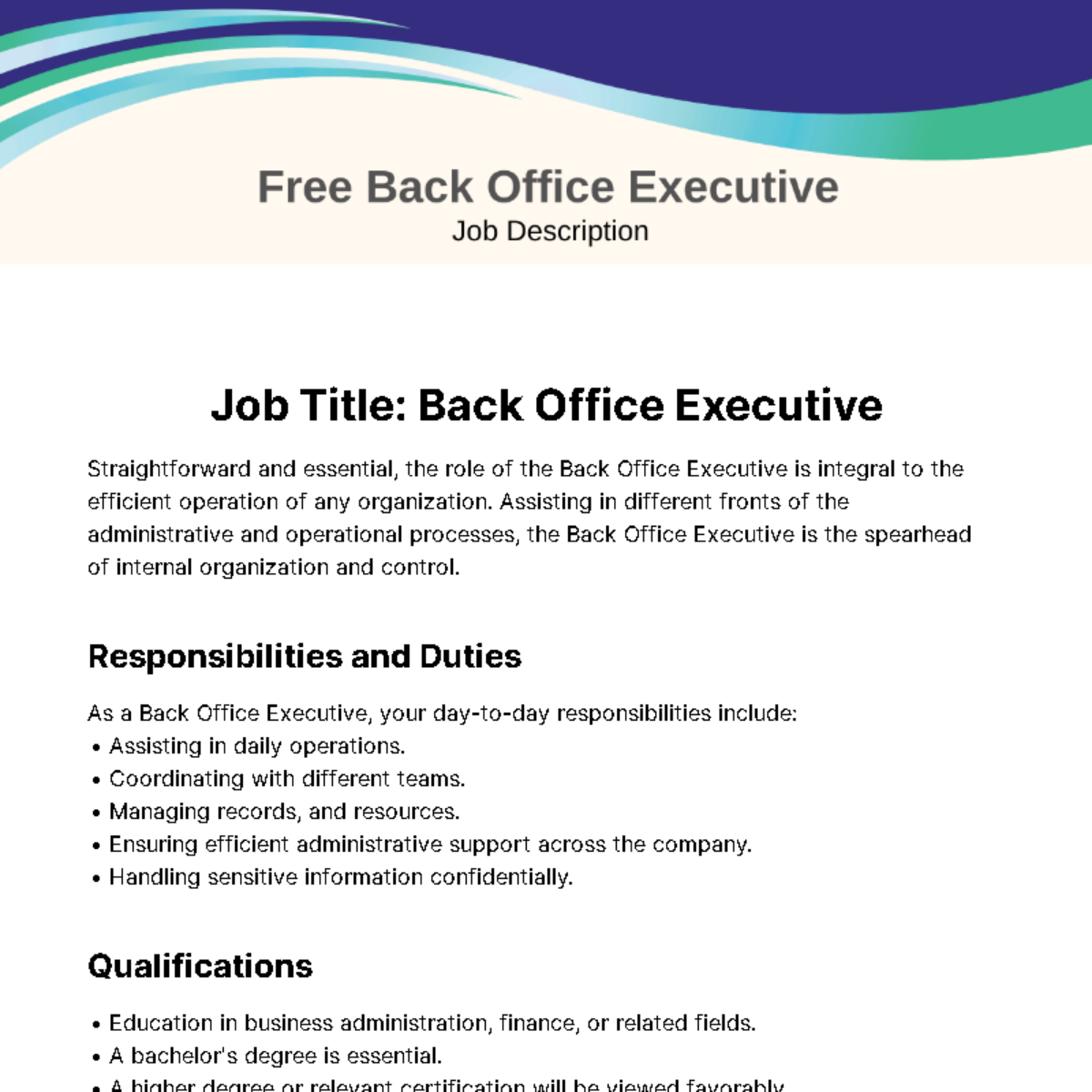 Free Back Office Executive Job Description Template