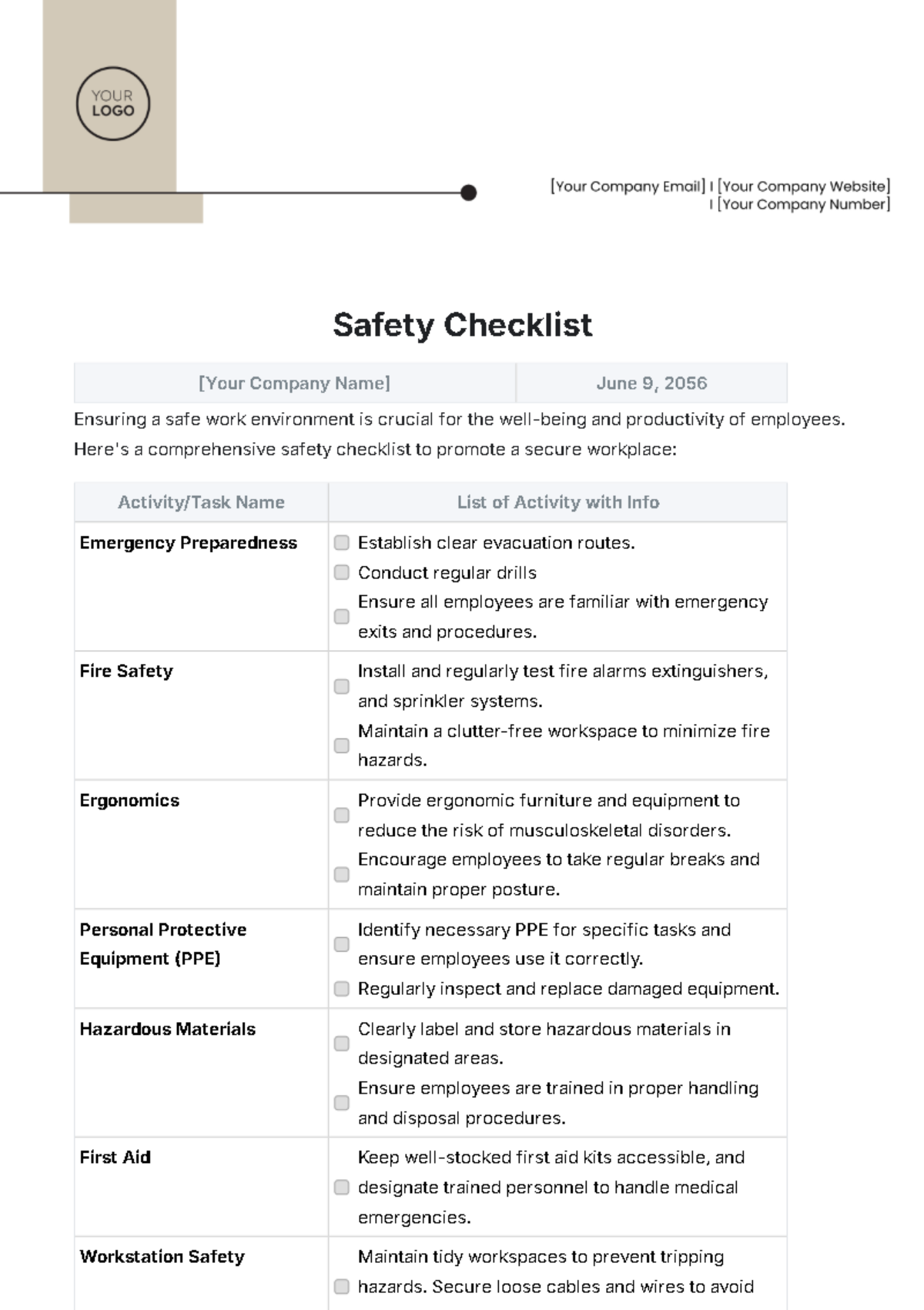 Safety Checklist Template