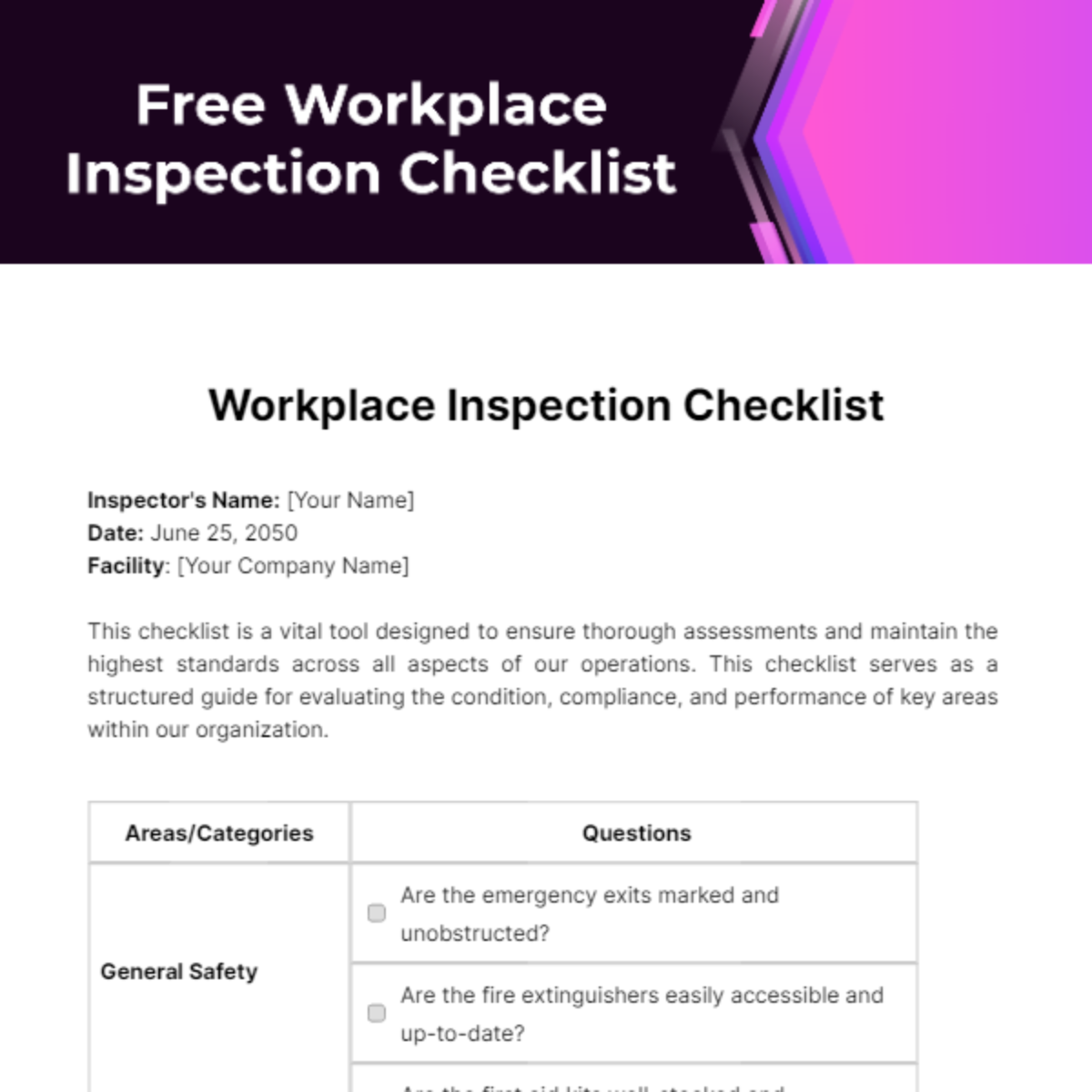 Free Workplace Inspection Checklist Template