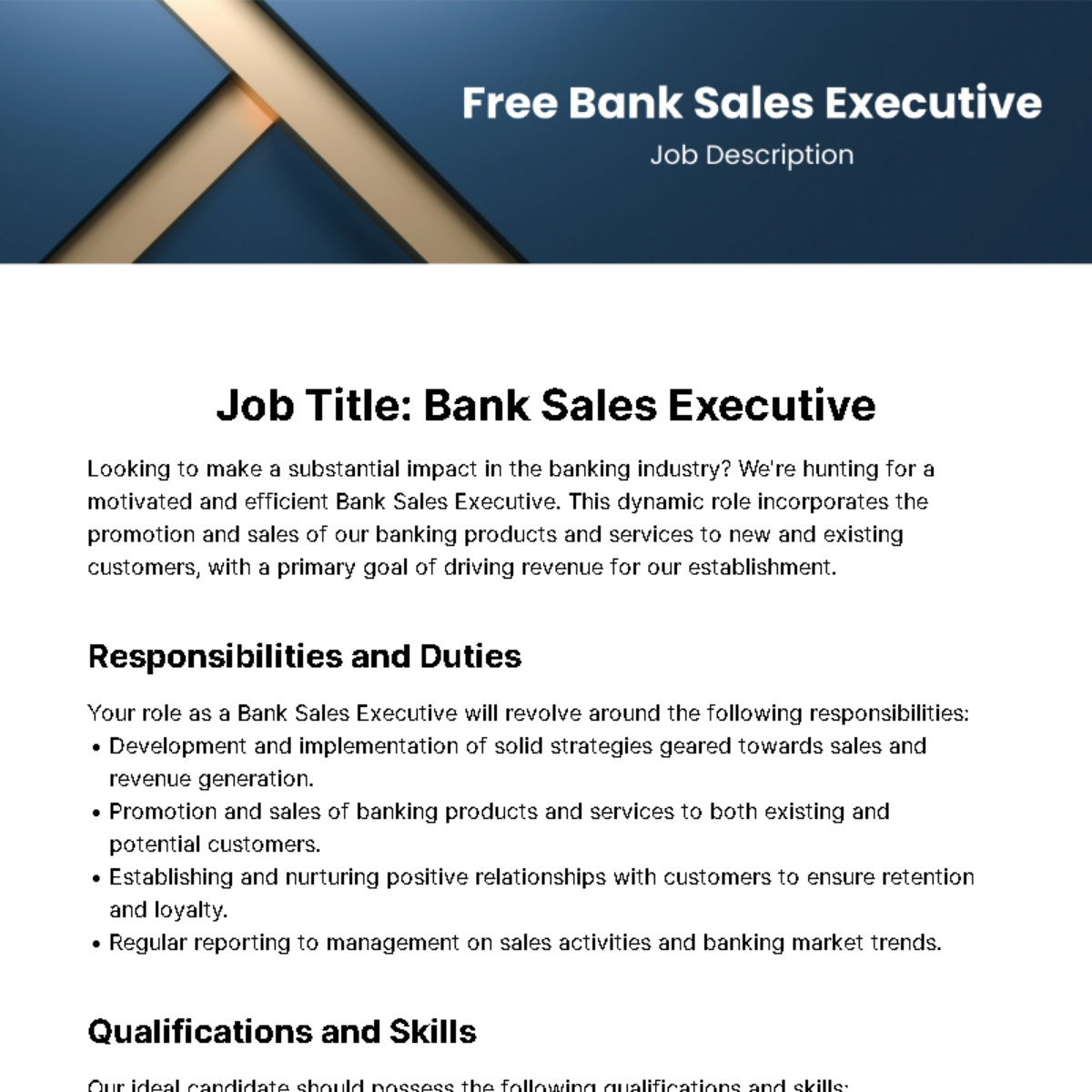 Bank Sales Executive Job Description Template