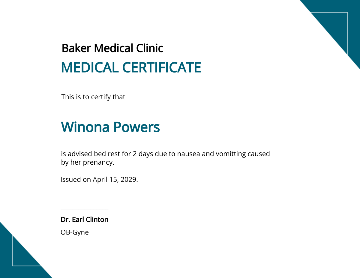 Medical Certificate for Pregnancy Sickness Template