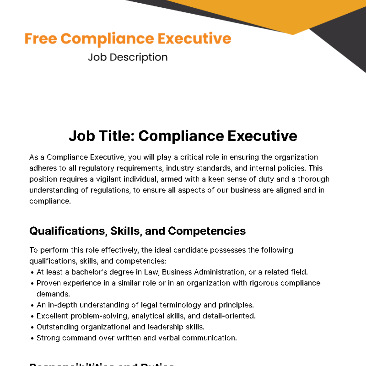 Free Compliance Executive Job Description Template
