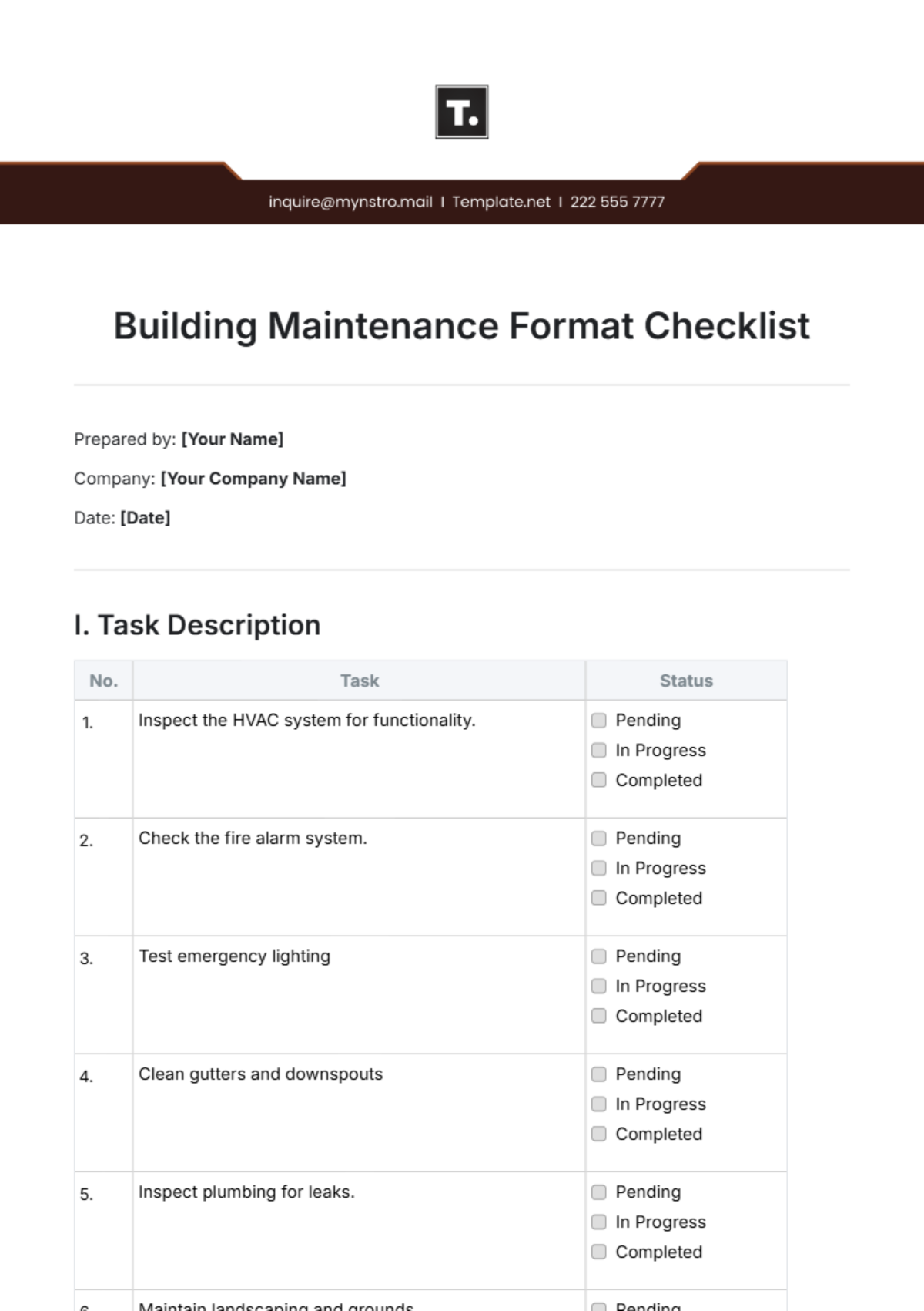 Building Maintenance Format Checklist Template