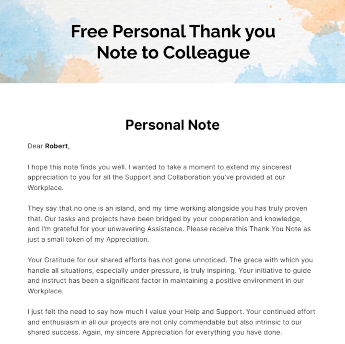 Personal Thank you Note to Colleague Template