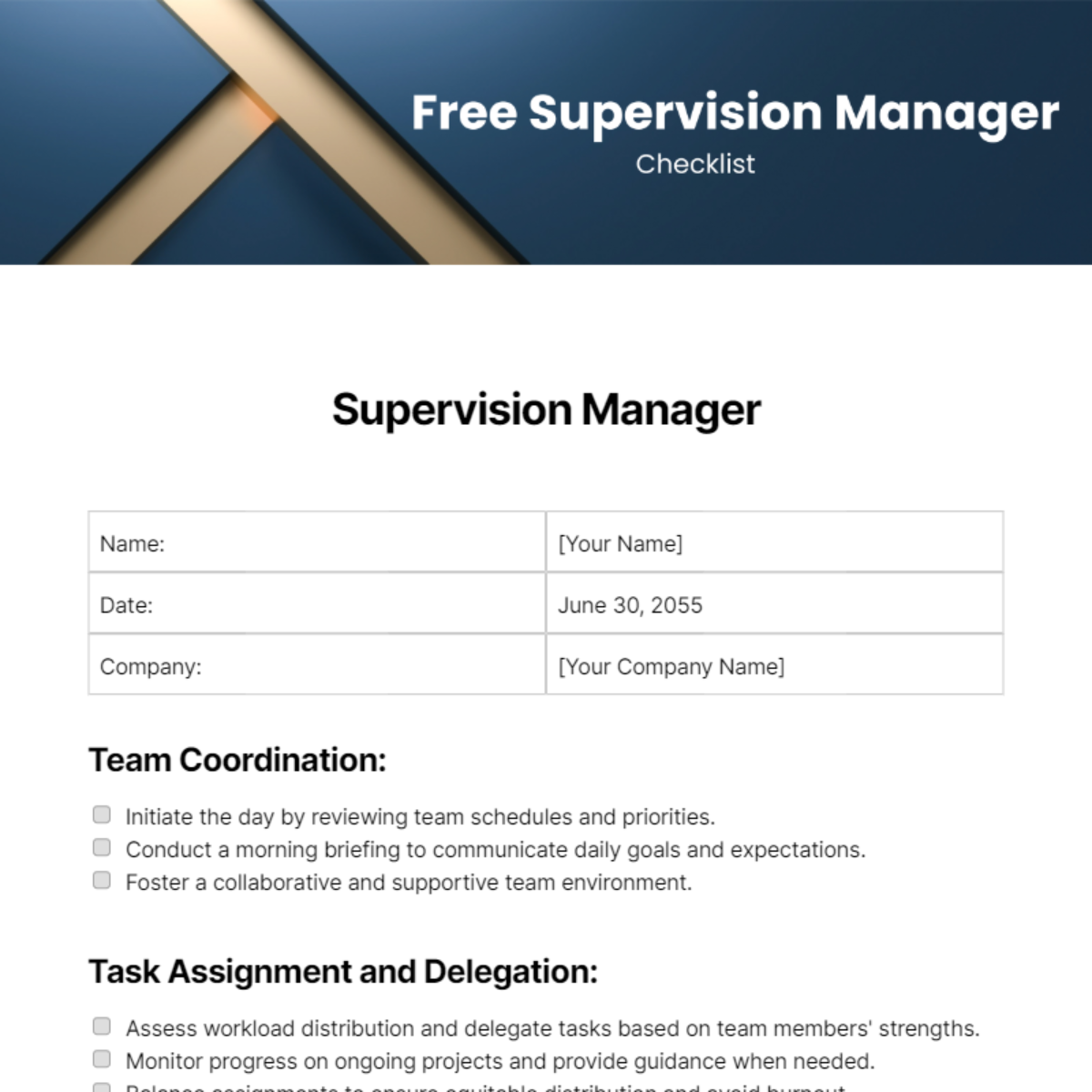 Supervision Manager Checklist Template