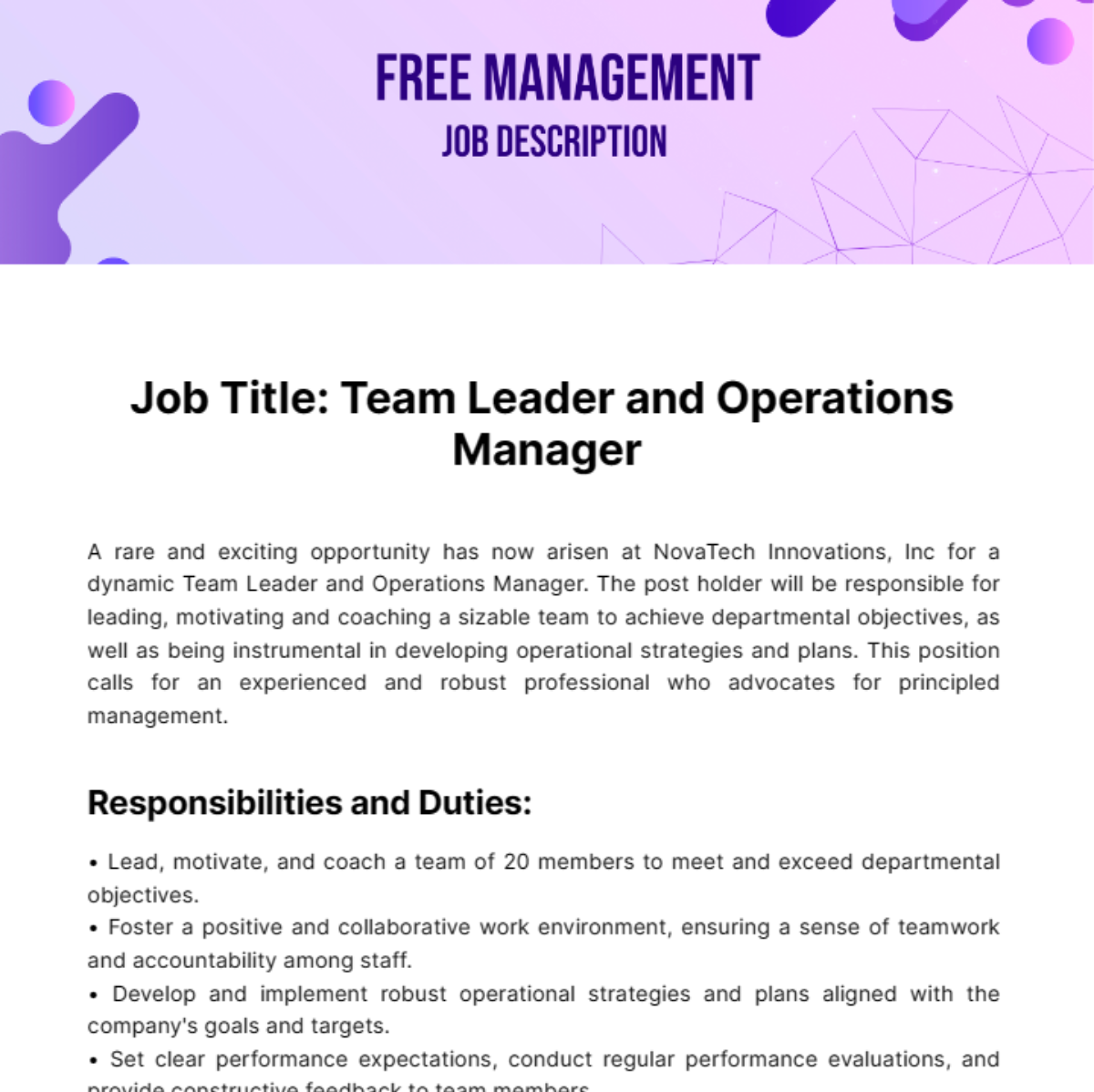 Free Management Job Description Template