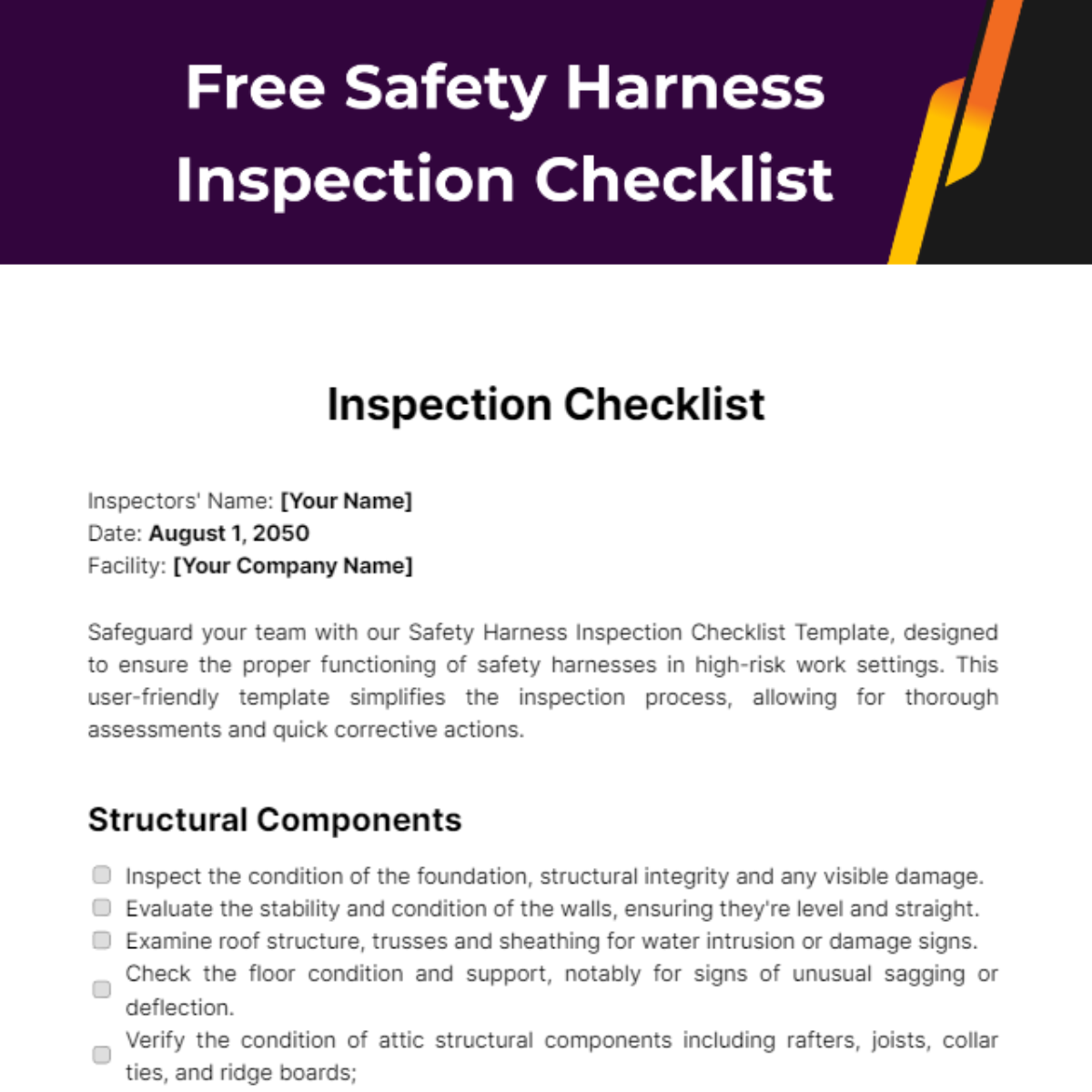 Safety Harness Inspection Checklist Template