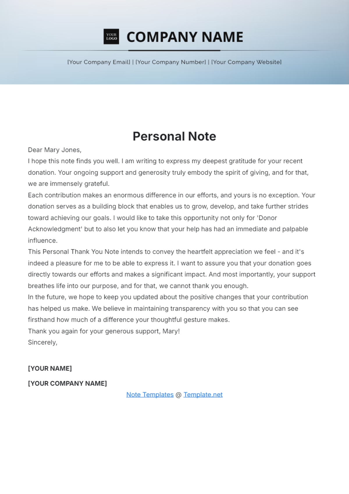 Personal Thank you Note for Donation Template - Edit Online & Download