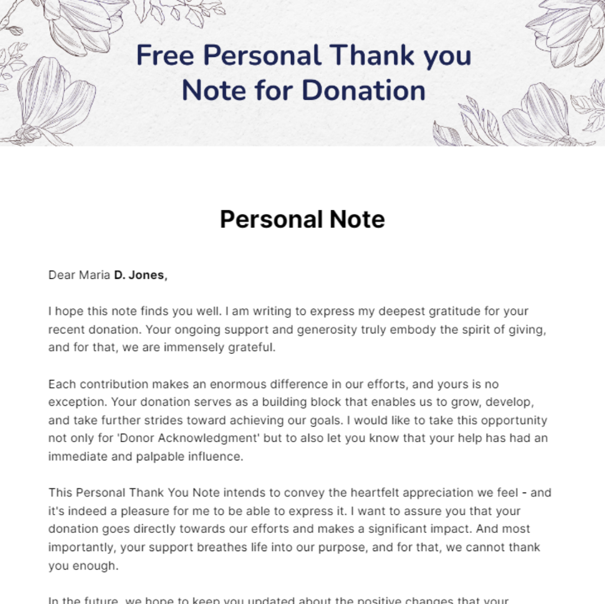 Personal Thank you Note for Donation Template