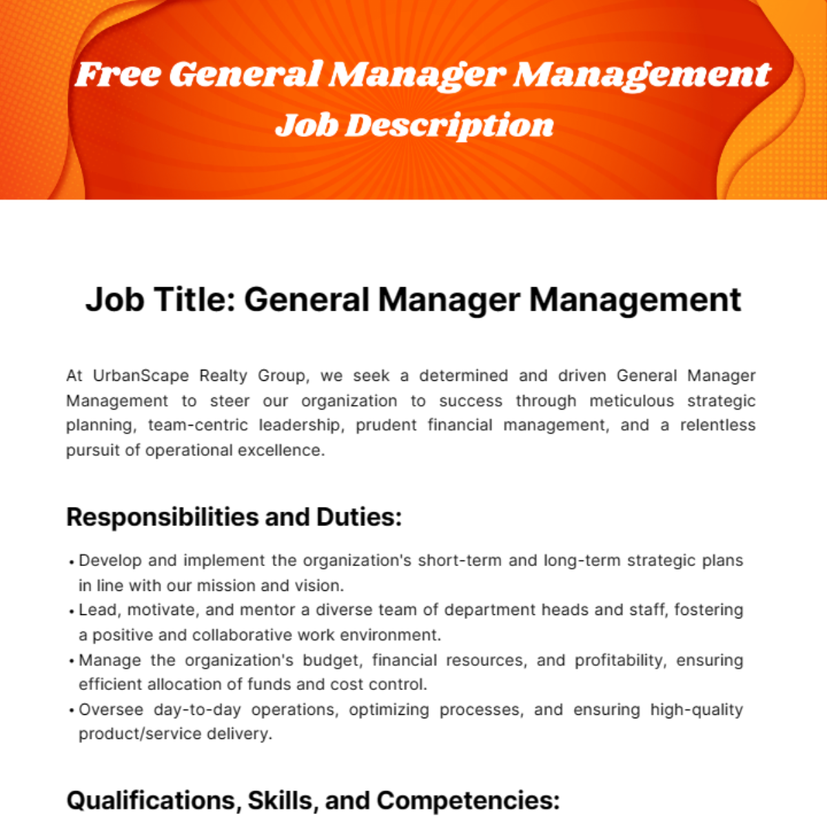 Free General Manager Management Job Description Template