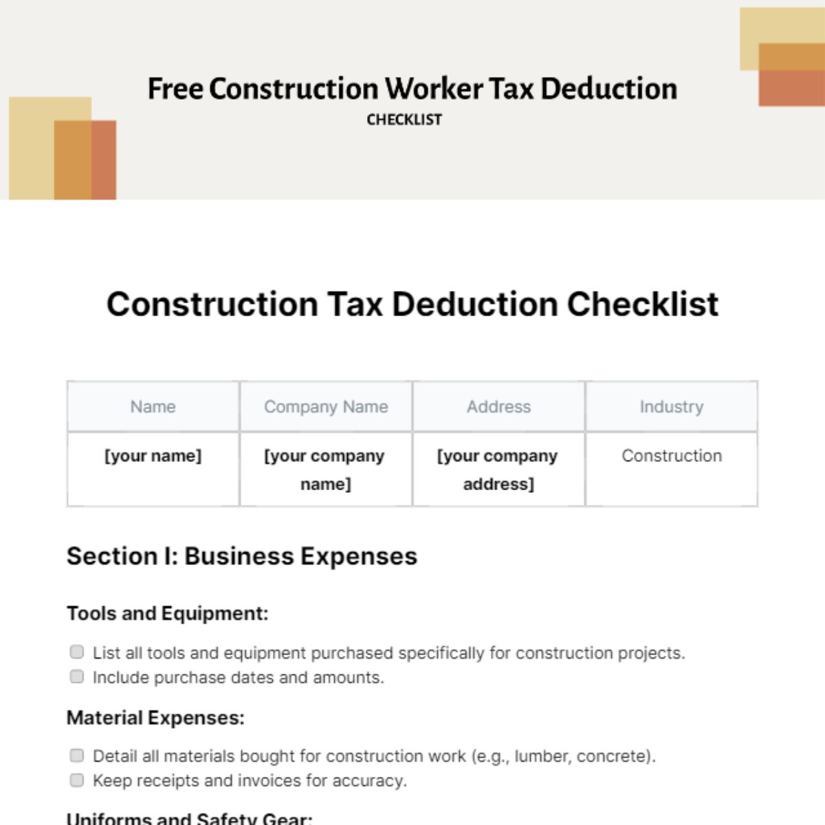Construction Worker Tax Deduction Checklist Template