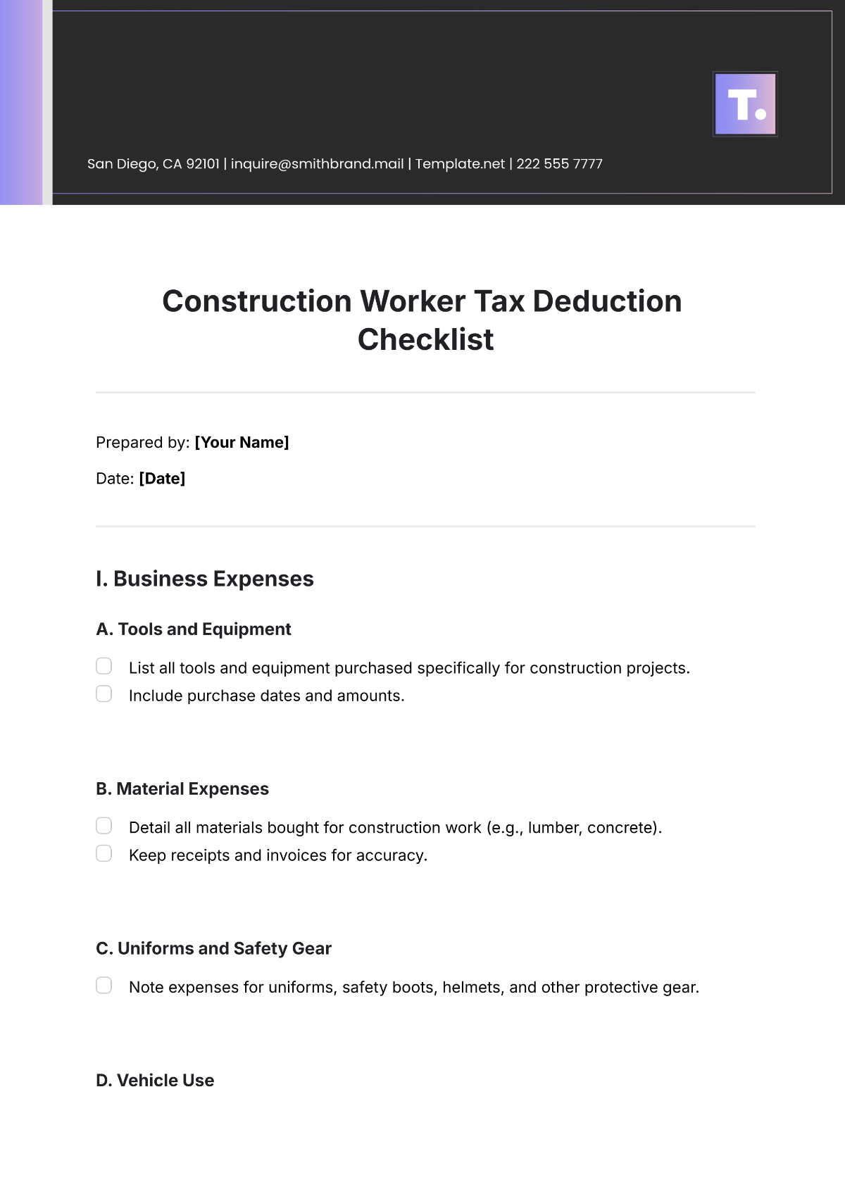 Construction Worker Tax Deduction Checklist Template - Edit Online & Download