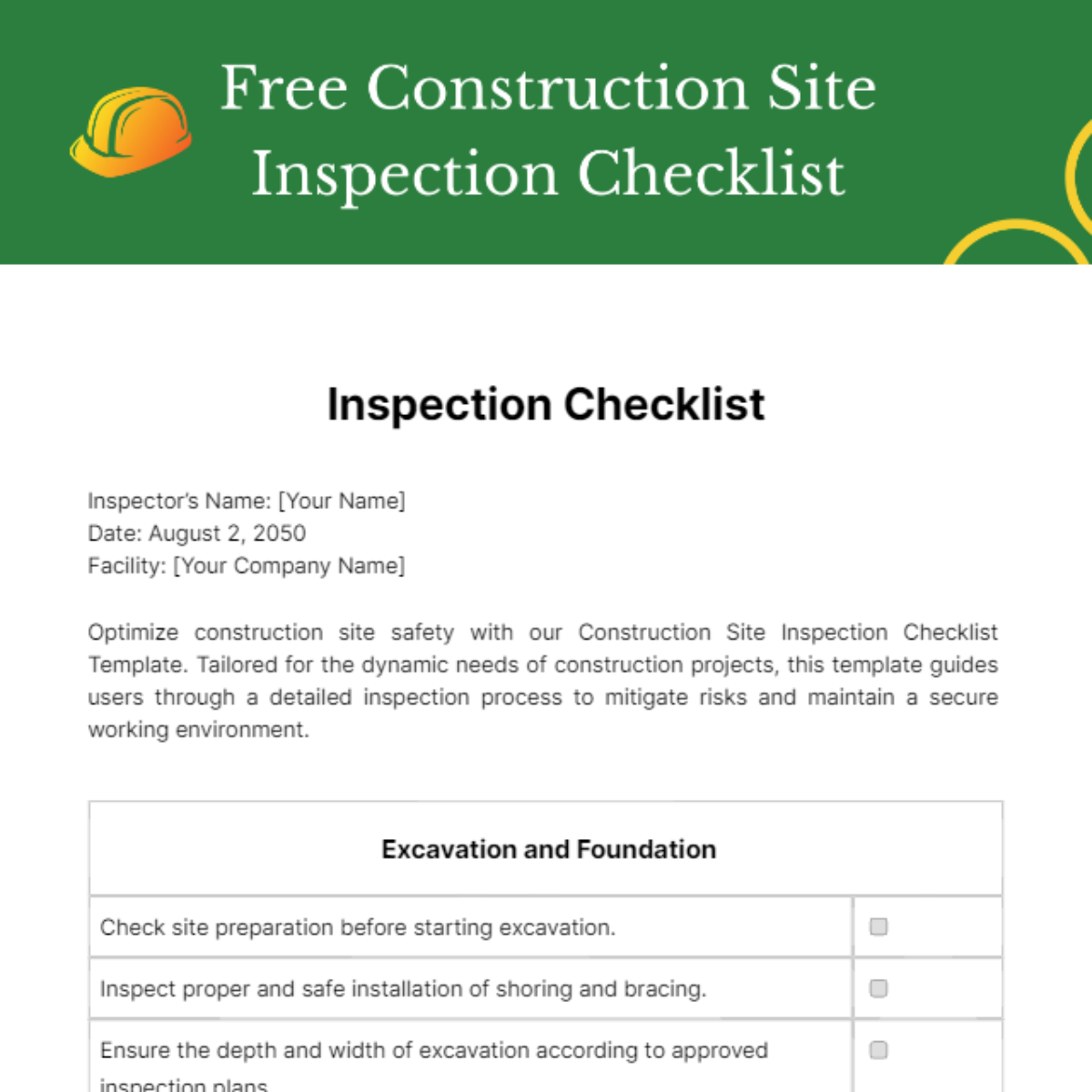 Free Construction Site Inspection Checklist Template