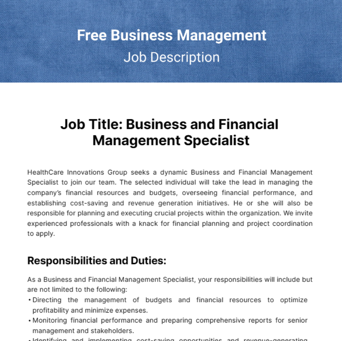 Business Management Job Description Template