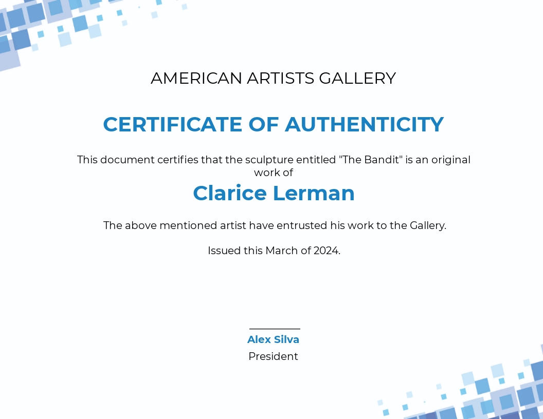Free Modern Artist Authenticity Certificate Template - Google Docs, Illustrator, InDesign, Word, Apple Pages, PSD, Publisher