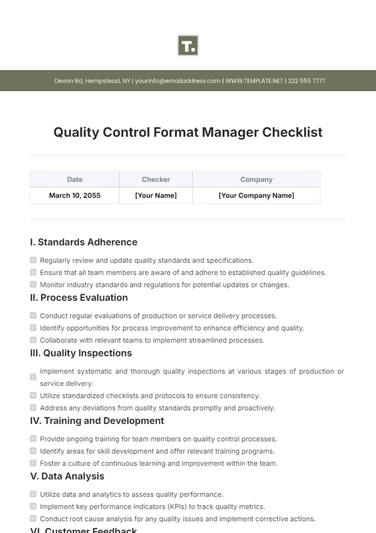 Quality Control Format Manager Checklist Template - Edit Online & Download