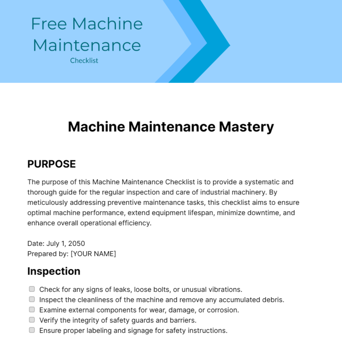 Free Machine Maintenance Checklist Template