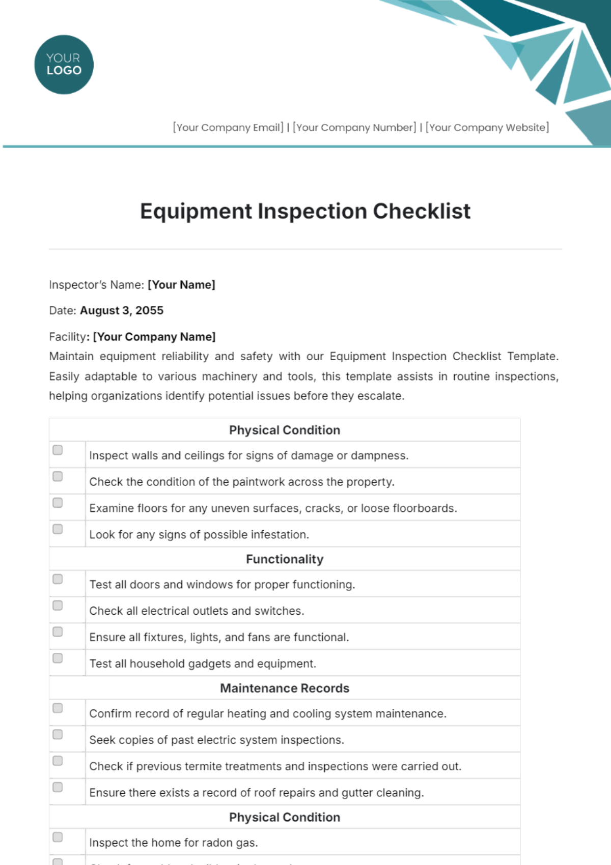 Equipment Inspection Checklist Template - Edit Online & Download