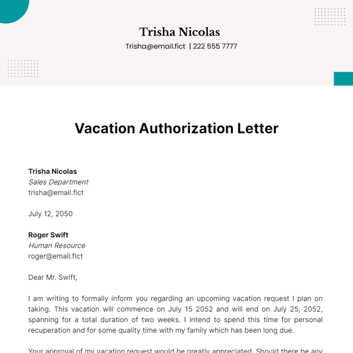 Vacation Authorization Letter Template