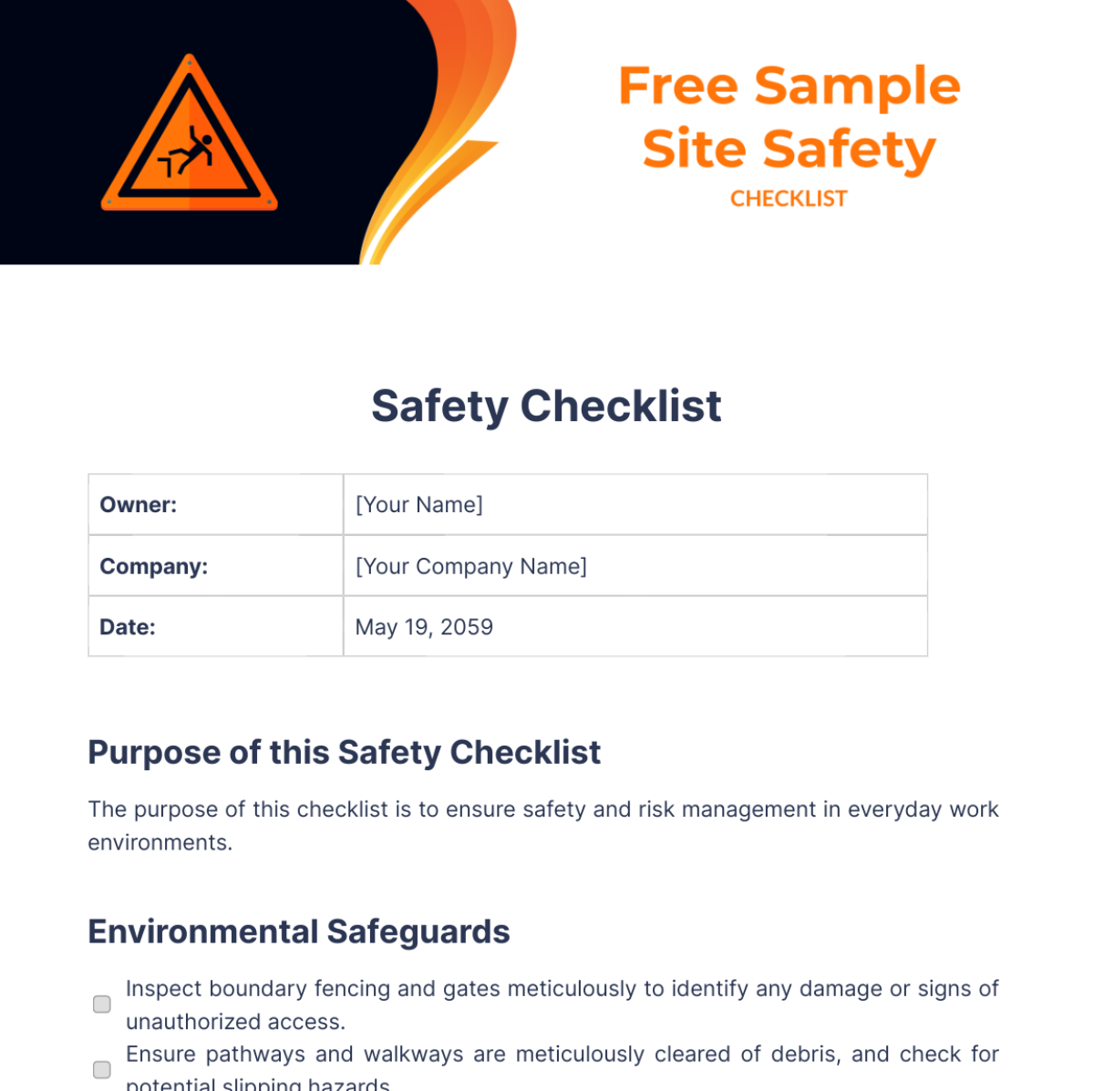 Sample Site Safety Checklist Template