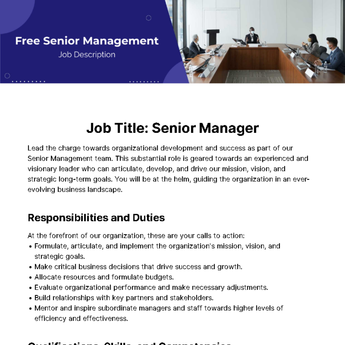 Senior Management Job Description Template