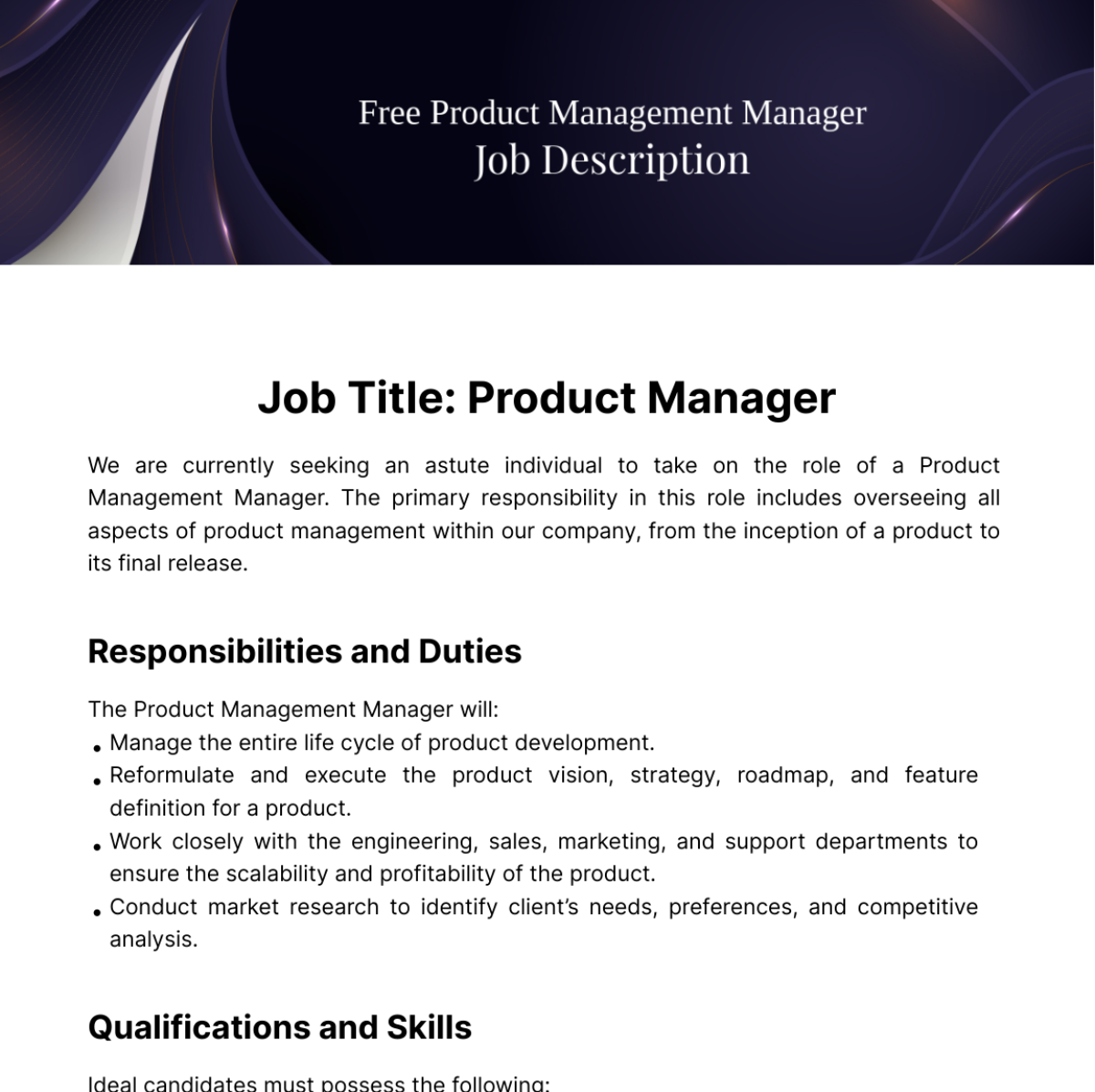 Free Product Management Manager Job Description Template