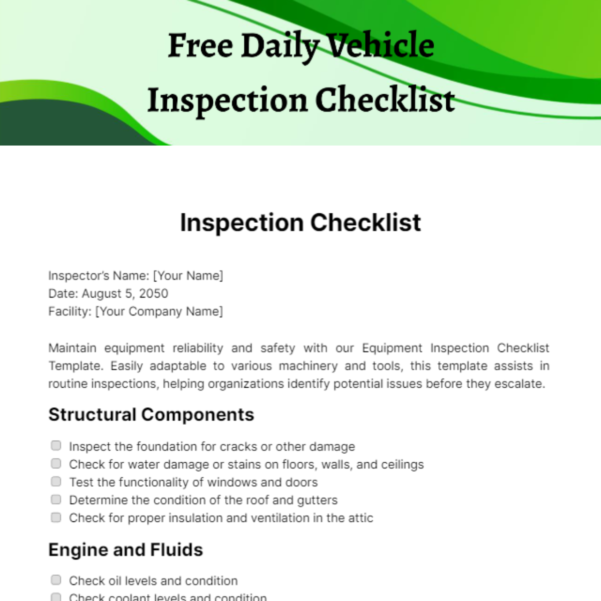 Daily Vehicle Inspection Checklist Template