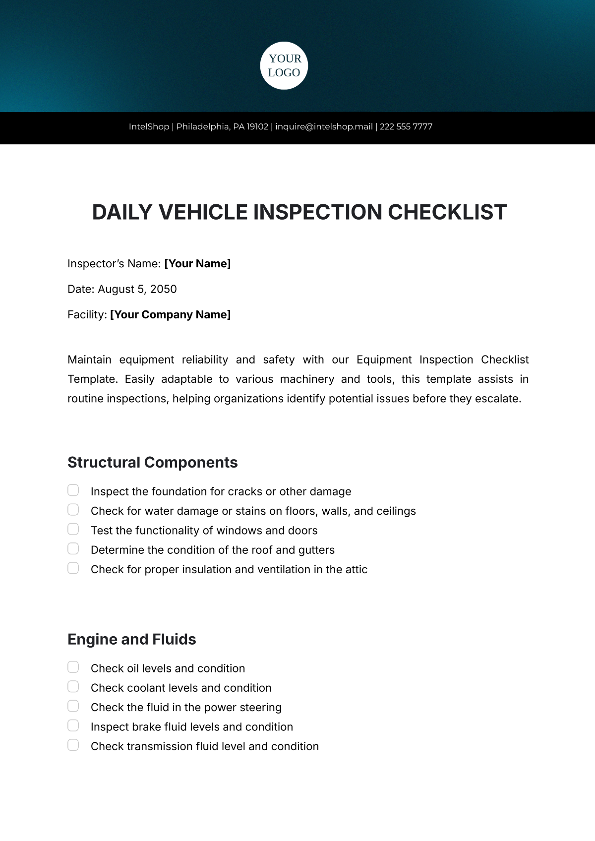 Daily Vehicle Inspection Checklist Template - Edit Online & Download